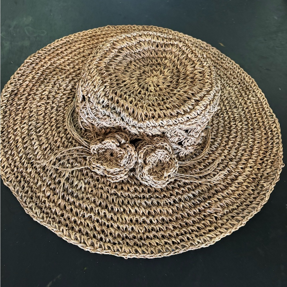 Scala Tan Woven Hat with Floral Details